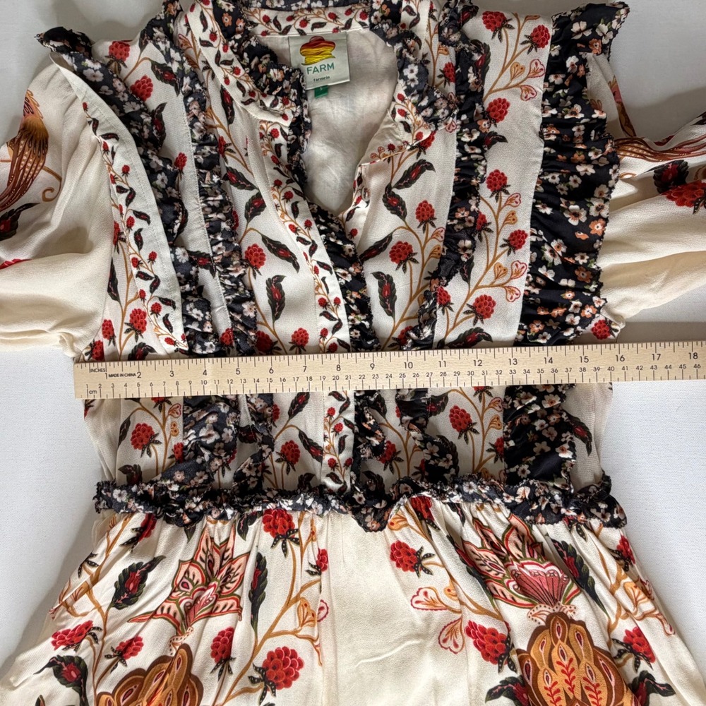 Farm Rio Ruffled Mock Neck Mini Dress Small Berry Garden Botanical Floral Tiered - Picture 15 of 16